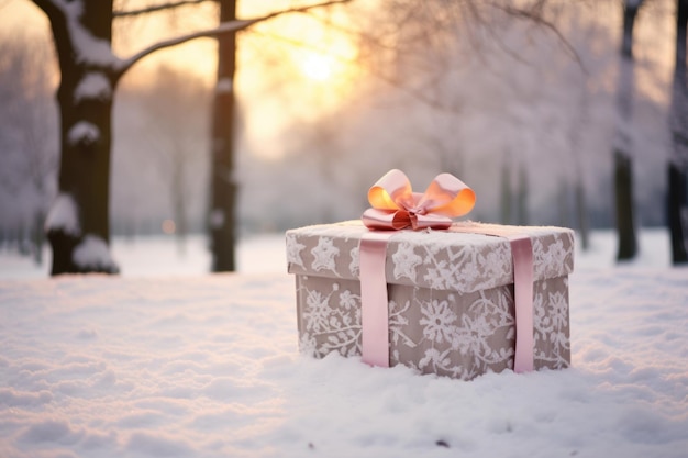 Geschenkdoos in de sneeuw met een rode strik Winter achtergrond