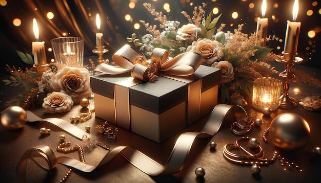 Geschenkdoos met feestelijke versieringen en kaarsen