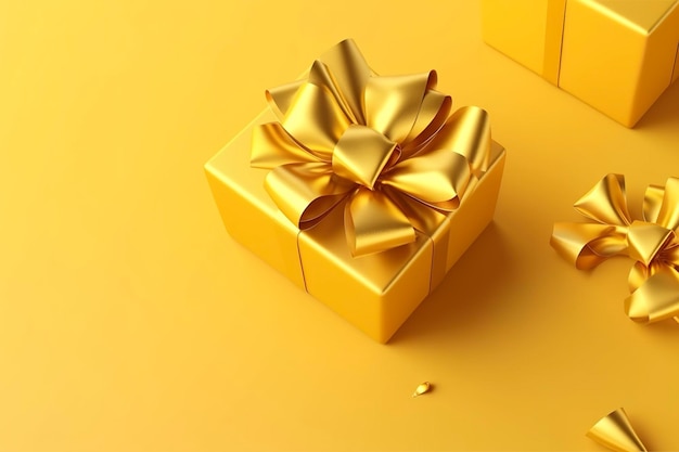 Geschenkdoos met gouden satijnen lint en strik op gele achtergrond Vakantiecadeau met kopie ruimte Verjaardag of kerstcadeau plat lag bovenaanzicht Kerst geschenkdoos concept AI gegenereerd