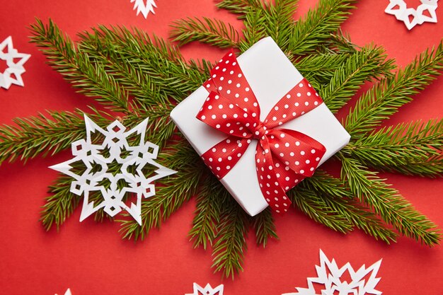 Geschenkdoos met kerstboomtak en witte sneeuwvlokken op rode achtergrond bovenaanzicht