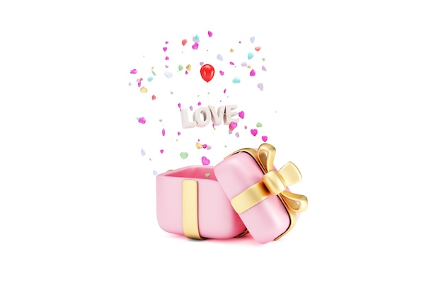 Geschenkdoos met liefdeswoord op ballon met een hoop harten in de doos