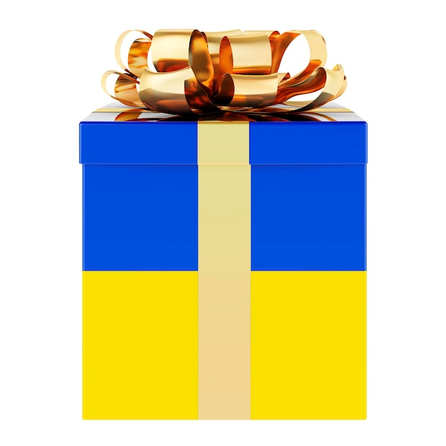 Geschenkdoos met Oekraïense vlag Vakantie in Oekraïne concept 3D-rendering