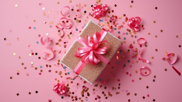 Geschenkdoos of geschenkdoos en sterrenconfetti op roze tafel