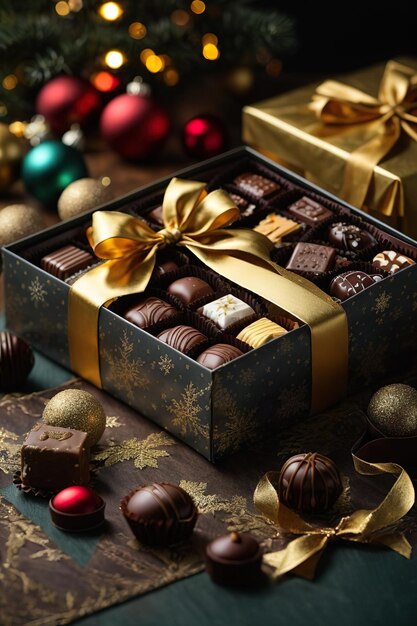 Foto geschenkdoosje met chocolade met een gouden lint.