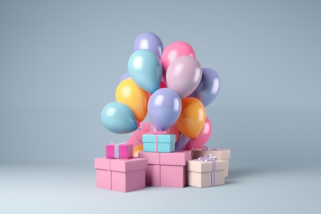 Foto geschenkdoosjes en ballonnen op een blauwe achtergrond 3d-render