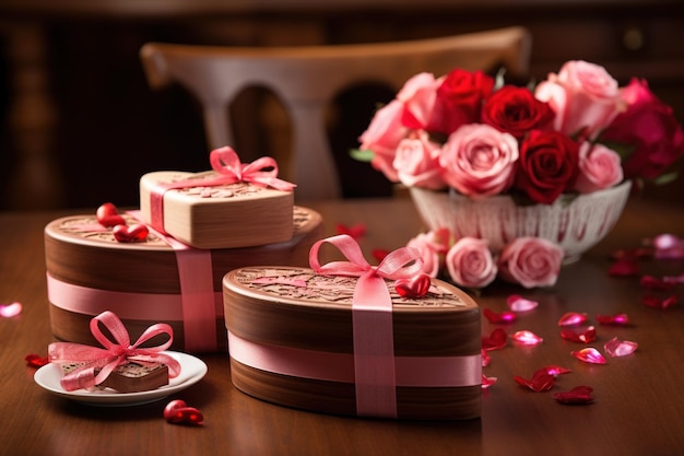 Geschenkdoosjes en harten op houten tafel Valentijnsdag achtergrond