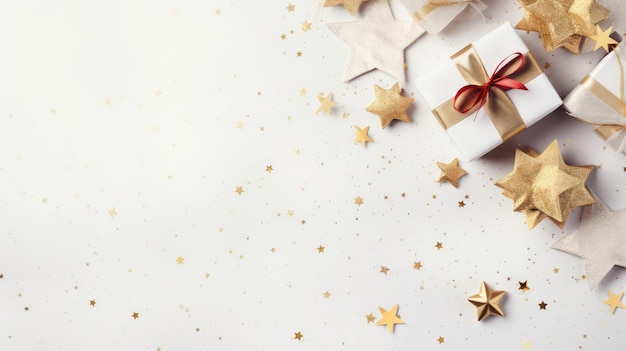 Geschenkdoosjes met gouden sterren op een witte achtergrond Flat lay top view