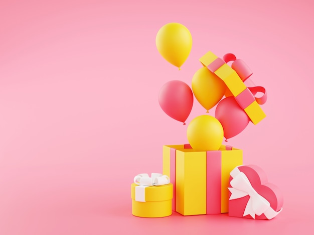 Geschenkdozen en ballonnen - 3d illustratie van open verjaardagsgeschenk pakketten met linten en vliegende ballonnen op roze achtergrond met kopie ruimte. Verpakte versierde dozen voor felicitatie van het jubileum.