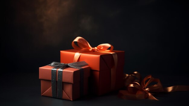 Geschenkdozen gebonden met linten op een donkere achtergrond