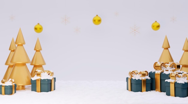 Geschenkdozen gouden kerstboom sneeuwvlokken en kerstballen op sneeuw achtergrond Gelukkig nieuwjaar