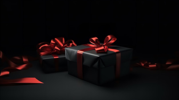 Geschenkdozen in zwart met linten Geschenkdoos in realistische 3D geïsoleerd op een zwarte achtergrond Generatieve Ai