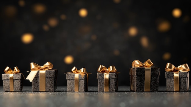 Geschenkdozen met gouden strikken op donkere achtergrond met bokeh