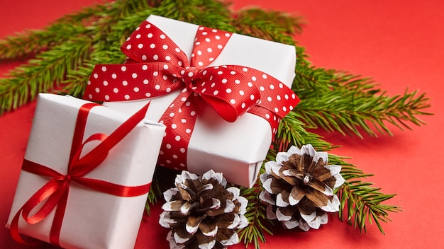 Geschenkdozen met groene kerstboomtak en kegels op rode achtergrond