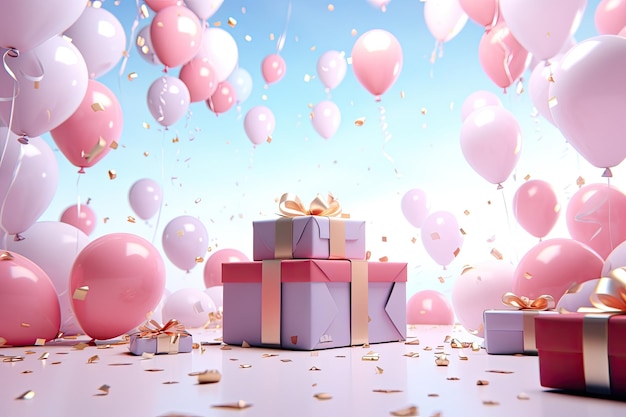 Geschenkdozen met roze ballonnen en confetti 3D-rendering 3D-weergave van verjaardagsachtergrond met geschenkdoos ballonnen en confetti AI gegenereerd