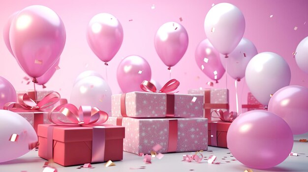 Geschenkdozen met strikken en ballonnen op studio achtergrond verjaardag of Valentijnsdag aanwezig