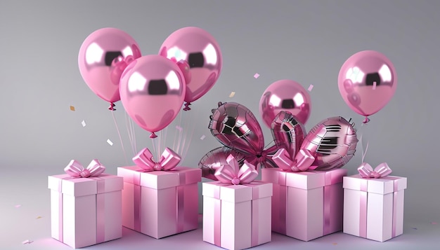 geschenkdozen roze ballonnen confetti 3D-rendering verjaardag achtergrond feestelijke scène feestelijk a