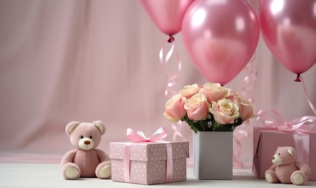 Geschenkdozen roze ballonnen een boeket rozen teddyberen Vakantie roze sfeer