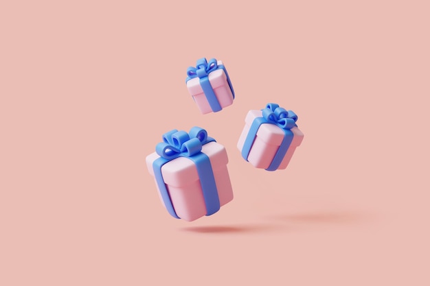 Geschenkdozen vliegen op een pastelroze achtergrond Vakantiedecoratie Feestelijke cadeauverrassing 3D render