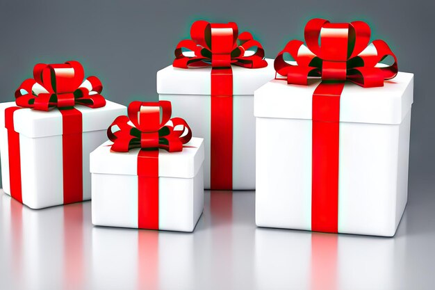 Geschenkdozen witte kleur met rood lint staan op achtergrondconcept vakantie en felicitaties