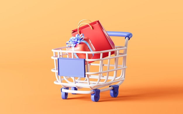 Geschenken en boodschappentassen in het winkelwagentje winkelen online concept 3D-rendering