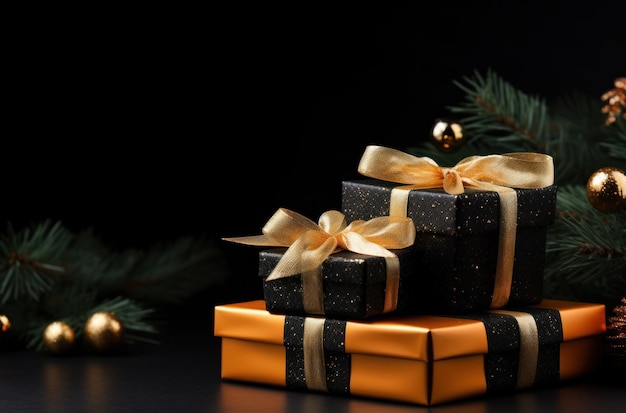 geschenken en dennen takken op zwarte achtergrond in kerstkaart sjabloon