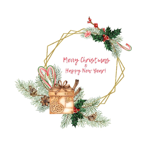 Geschenken met dennen takken dennen kegels rode bessen holly karamel waterverf illustratie bosplanten
