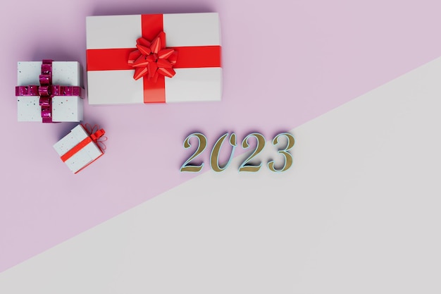 Geschenken ontvangen voor het nieuwe jaar 2023 dozen met rode strikken en de inscriptie 2023 3D render