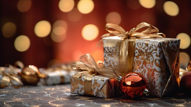 Foto geschenken verpakt in goud en zilver op een tafel met een kerstboom op de achtergrond