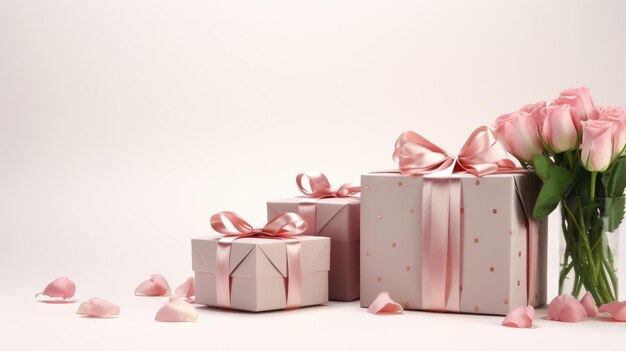 Geschenken voor 8 maart Moedersdag Roze geschenken dozen achtergrond kopieerruimte