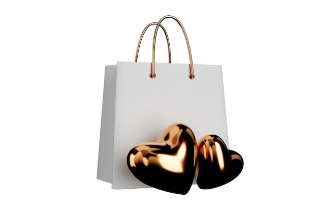Geschenkpakket met gouden harten voor Valentijnsdag op witte achtergrond 3d render