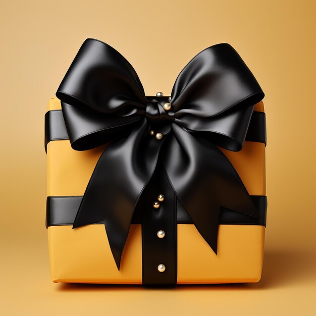 Foto geschenkverpakking zwarte en gele doos met een strik op een gewone achtergrond concept feestelijke sfeer presenteert