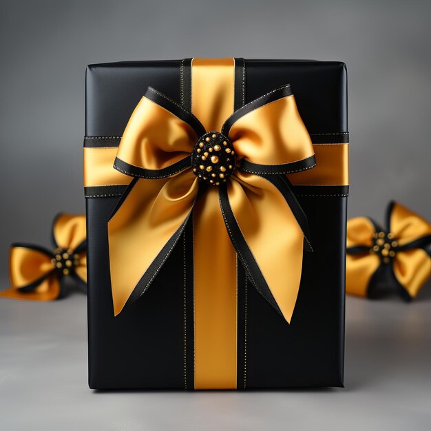 Geschenkverpakking Zwarte en gele doos met een strik op een gewone achtergrond Concept Feestelijke sfeer presenteert
