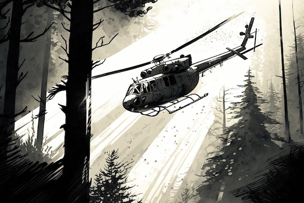 Geschetste helikopter die over bos vliegt met zonnestralen die door de boomtoppen glanzen