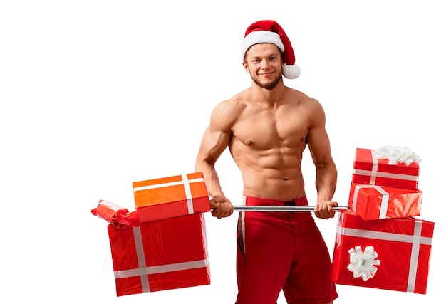 Gescheurde Kerstman die een barbell met giften houden