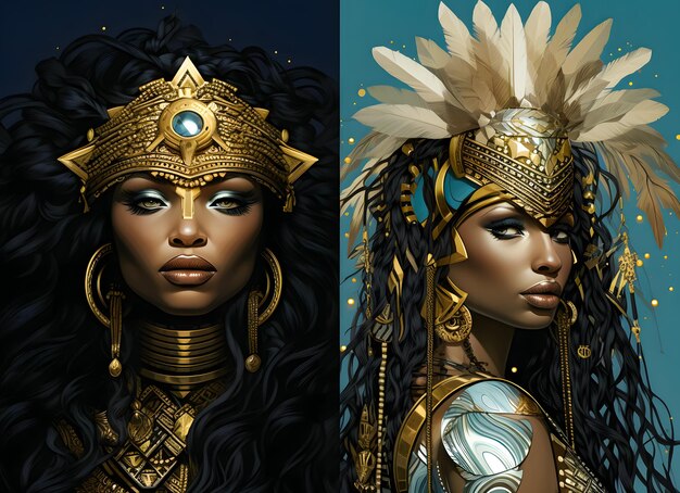 geschiedenis van een mooie Afrikaanse vrouw die traditionele koninkrijkskleding draagt in een futuristische achtergrond