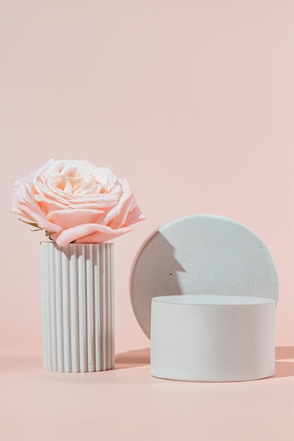 Geschikt voor productweergave en bedrijfsconcept Modern esthetisch productpodium en frisse roze roze bloemen op pastelroze achtergrond Elegant schoonheidsconcept Mockup