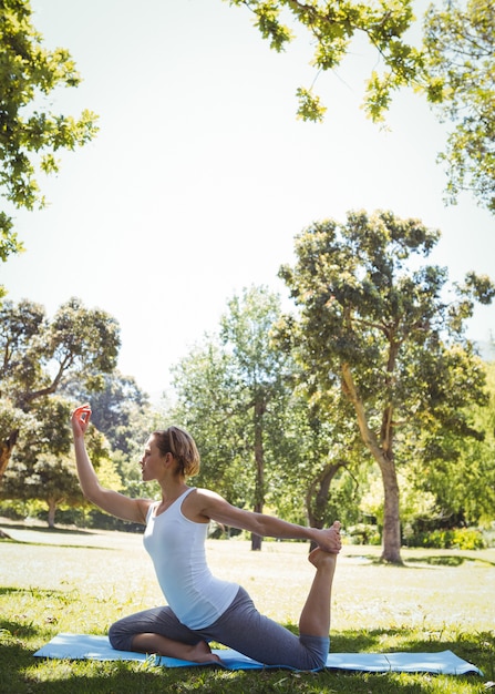 Geschikte vrouw die yoga in het park doet