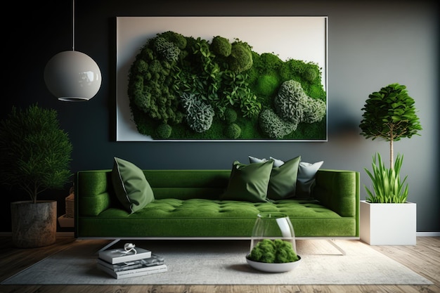 Geschilderd gestabiliseerd mosbeeld in modern interieur Groene mosmuur Abstracte generatieve AI-illustratie