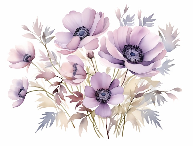 Geschilderde illustratie van decoratieve anemonenbloemen in delicate kleuren op wit