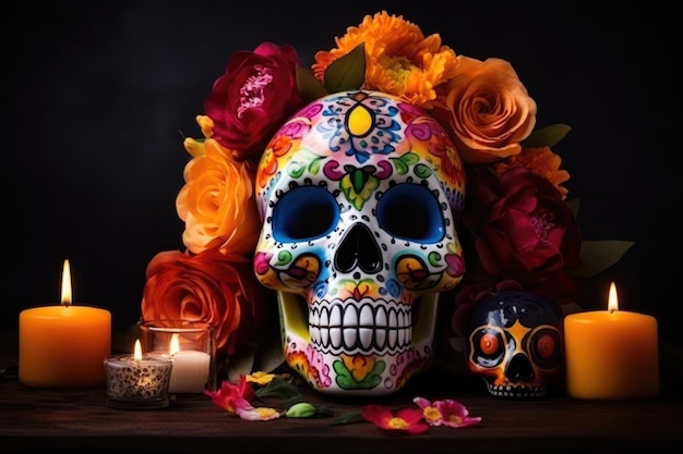 Geschilderde Mexicaanse menselijke schedel brandende kaarsen en bloemen