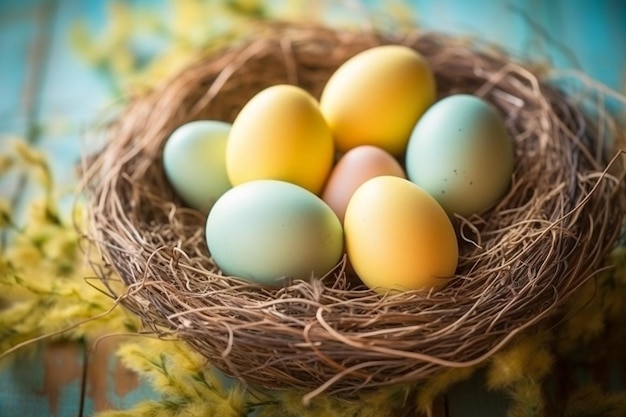 Geschilderde paaseieren in een nest op een gele achtergrond