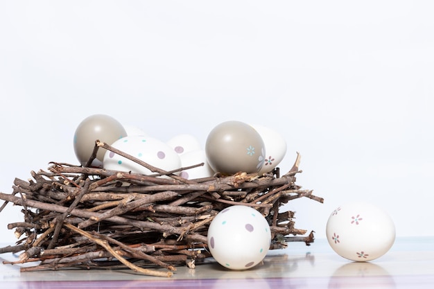 Geschilderde paaseieren in een nest van takjes