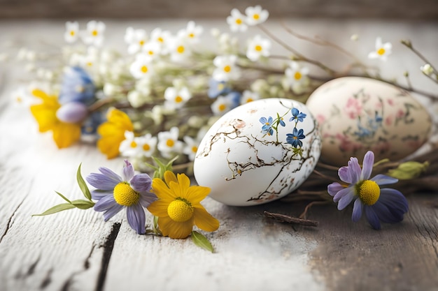 Geschilderde paaseieren met lentebloemen op een witte houten tafel Generatieve AI 2