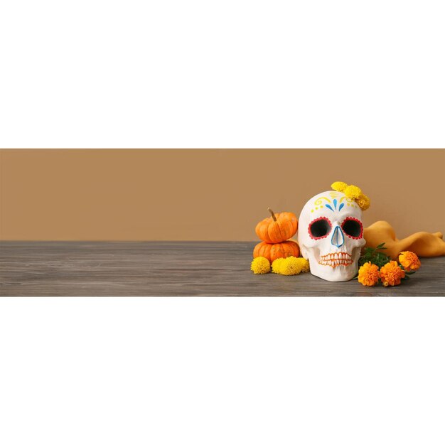 Geschilderde schedels voor Mexico's Dag van de Doden El Dia de Muertos met kaarsen en bloemen op grunge b