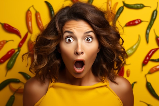 Geschokt jonge vrouw met chili en hete pittige peper op gele kleur achtergrond