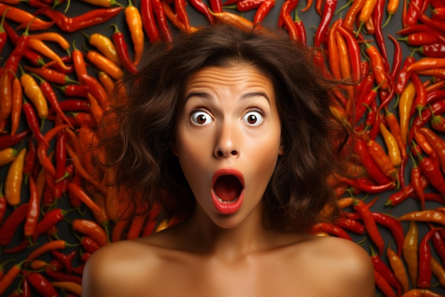 Geschokt jonge vrouw met chili en hete pittige peper op kleur achtergrond