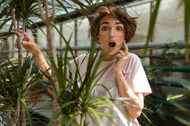 Foto geschokt verrast leuke vrouw tuinman permanent over bloemen planten in kas