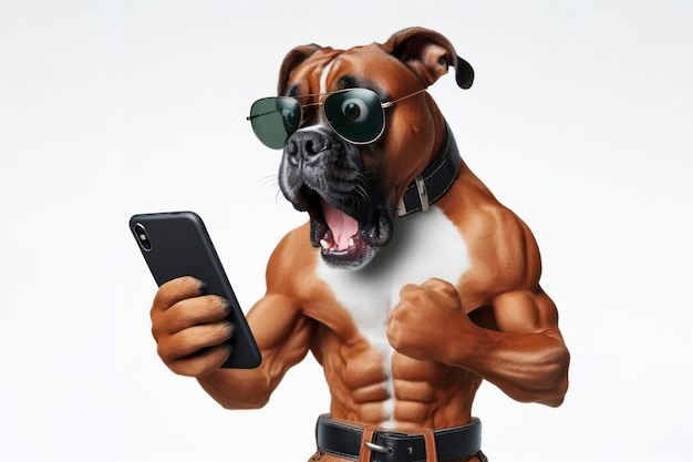 Geschokte Boxer hond in een zonnebril met een smartphone op een witte achtergrond
