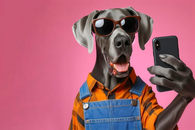 Geschokte Grate Dane hond met zonnebril die een smartphone vasthoudt op een gekleurde achtergrond