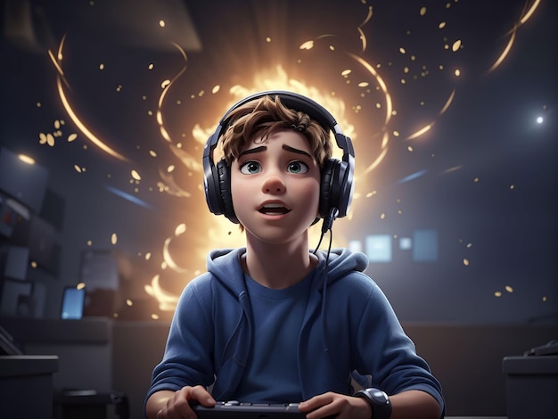 Geschokte jongen speelt met online ufo-videogamesconcept technologie en entertainment